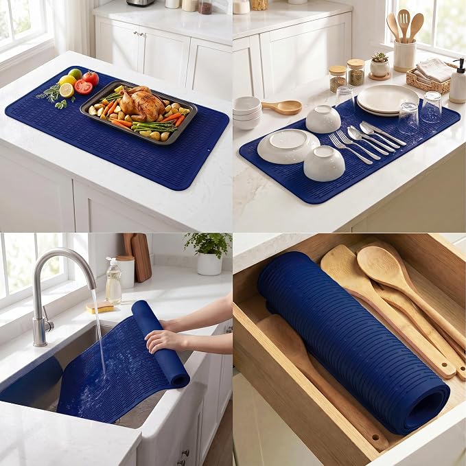 MicoYang Silicone Dish Drying Mat for Multiple Usage,Easy clean,Eco-friendly,Heat-resistant Silicone Mat for Kitchen Counter or Sink,Refrigerator or Drawer Liner Navy Blue 5XL 36inches x 18inches