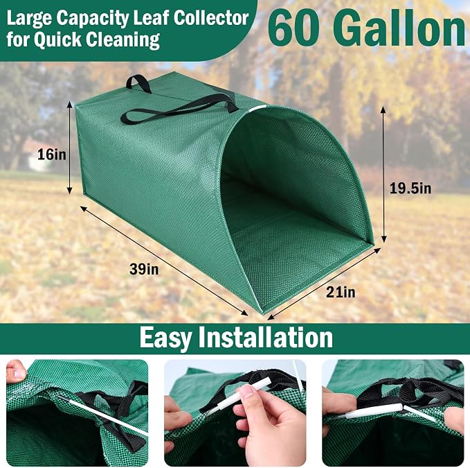 60 Gallon Leaf Collector, Collapsible Lawn & Leaf Bag for Yard Cleanup | Heavy-Duty Leaf Pickup Tool, Reusable Dustpan-Style Yard Waste Bag for Leaves, Grass Clippings, Debris, and Lawn Trash