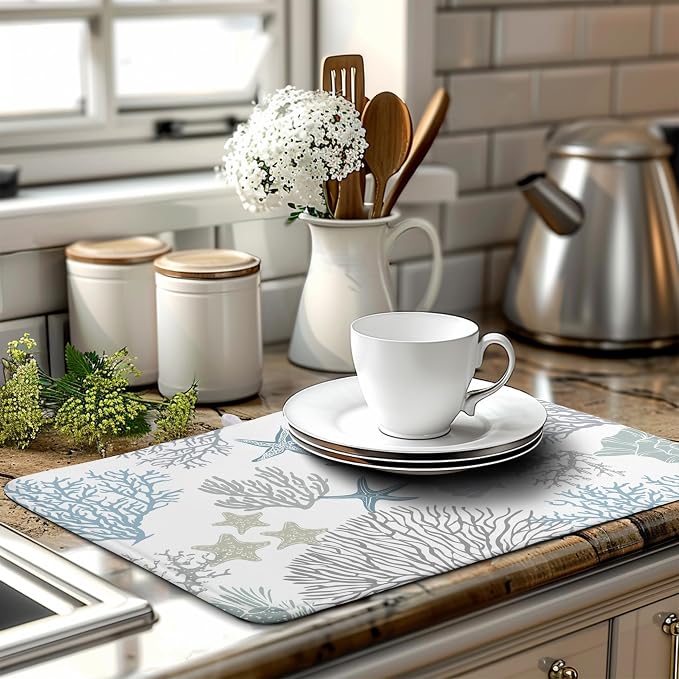 Coastal Dish Drying Mats for Kitchen Counter 18 x 24 Inch Summer Beach Drying Mat Coral Starfish Nautical Dish Rack Mat Ocean Themed Microfiber Absorbent Dish Drying Pad with Hanging Loop