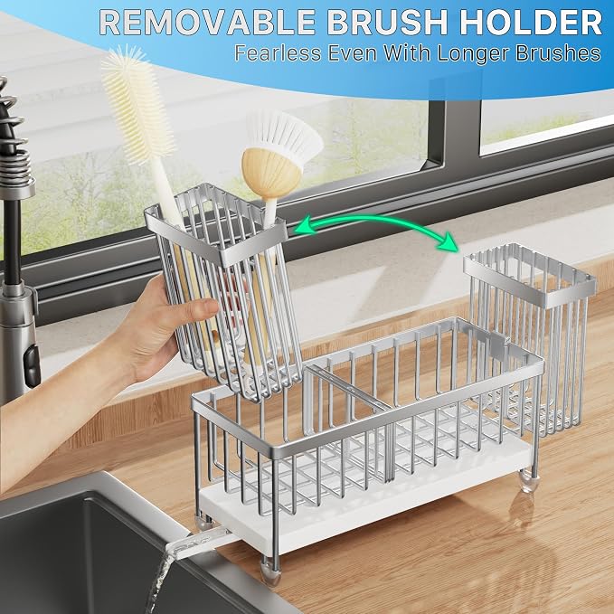 Cisily Sponge Holder for Kitchen Sink, Sink Caddy Organizer with High Brush Holder, Kitchen Countertop Organizers and Storage Essentials, Rustproof 304 Stainless Steel (Silver, 9.25″)