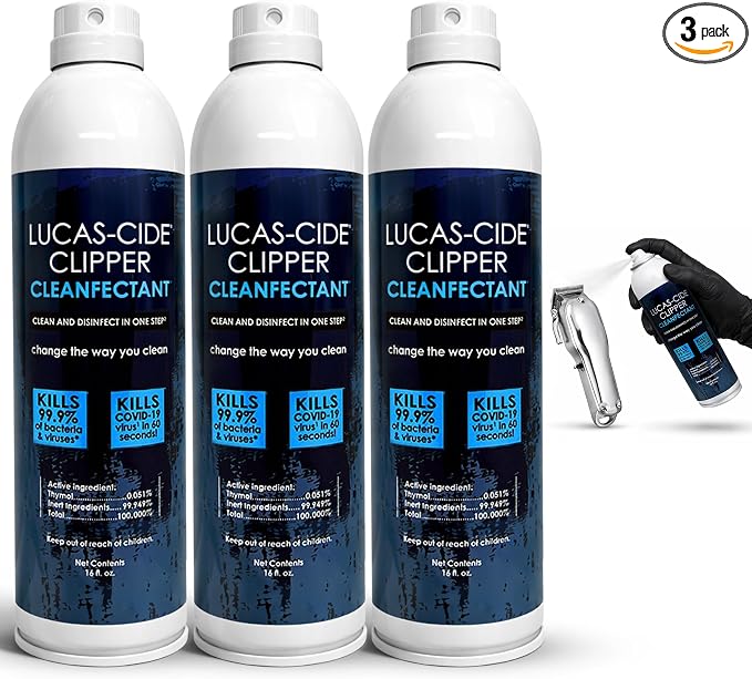 LUCAS-CIDE Cleaner, Cool and Care Clipper Spray, Sanitizer for Hair Clippers, Salon & Household Essentials 16 Fl Oz - Set of 3