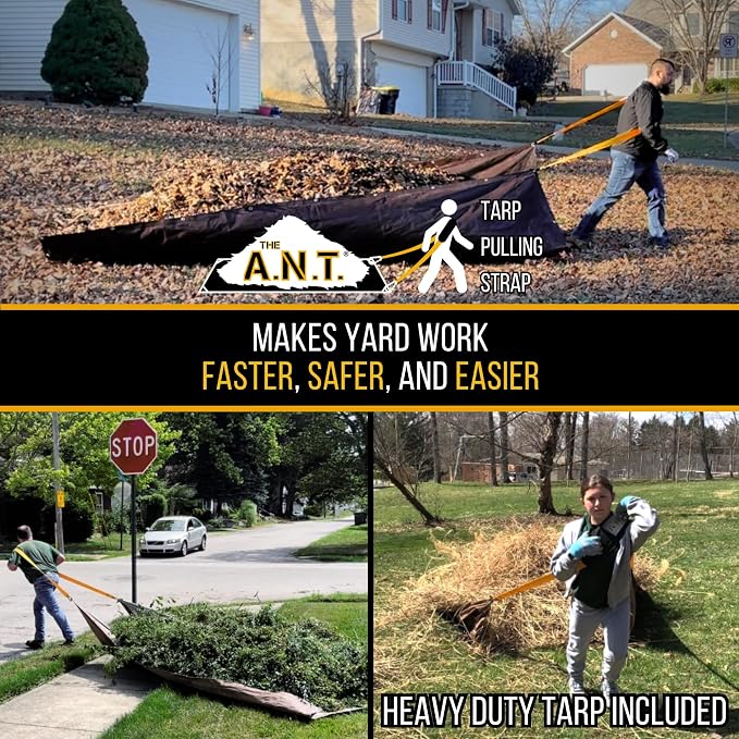 Leaf Collector Lawn Bundle - Padded Tarp Strap + Heavy Duty 6x8 Waterproof Tarp for Leaf and Lawn Waste, Hunting Sled Deer Drag Strap, Snow Removal, for use with Blower, Yard Vacuum, Mulcher, Sweeper