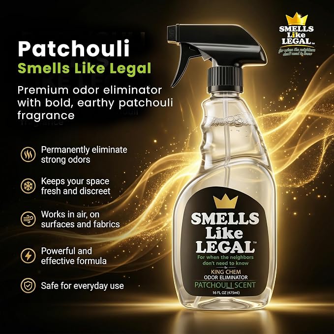 Smells Like Legal™ Patchouli Odor Eliminator Spray – Powerful Commercial-Grade – Eliminates Smoke, Pet & Food Odors at source – Fabric-Safe, Non-Staining – Biodegradable Air & Fabric Freshener – 16 oz | Commercial-Grade, Eliminates Smoke, Pet & Food Od...