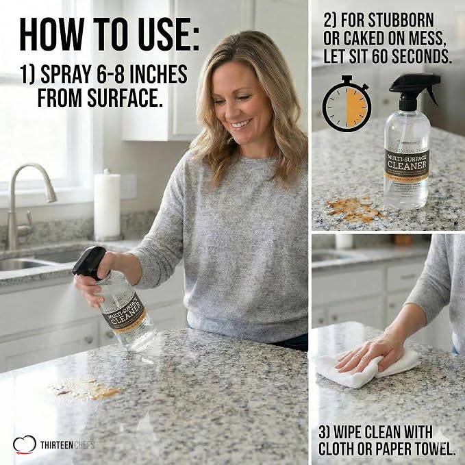 Thirteen Chefs Multi-Surface Cleaner for Granite and Quartz Countertop, Stainless Steel Appliances, Wood Furniture and Tables - 32oz Spray Bottle (32oz)