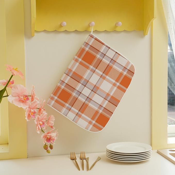 Fall Dish Drying Mat 18x24 Inches For Kitchen Counter Orange Plaid Kitchen Decoration Drying Mat Decorative Autumn Thanksgiving Drying Pad for Home Kitchen,Dining Room,Office Decor