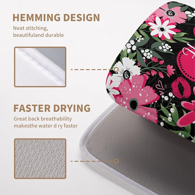 Heart Dish Drying Mat - 16x18 Inch Absorbent Dish Drainer Rack Mat - White Red Rose Floral Drying Pad - Valentine's Day Kitchen Accessories