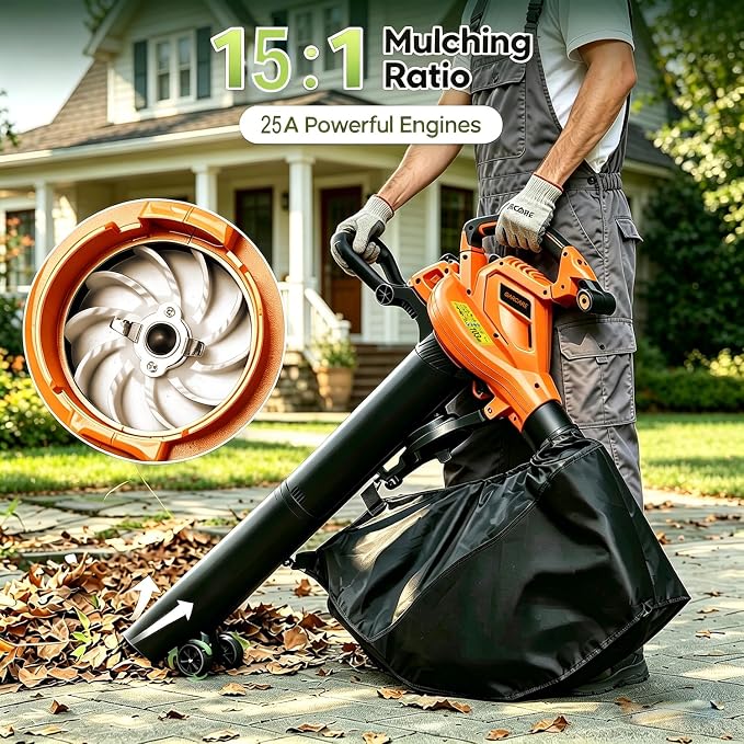 GARCARE 3-in-1 Electric Leaf Blower Vacuum & Mulcher Corded 500 CFM 200 MPH | Corded blower vacuum with collection bag, wheels & shoulder strap. Ideal for lawn, yard & patio leaf cleanup.