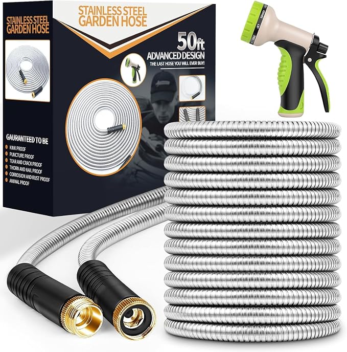Garden Hose 50 ft, Stainless Steel Water Hose with 10 Function Nozzle Flexible, Heavy Duty, Lightweight, No-Kink, Pet Proof, Puncture Proof Hose Metal for Yard, Outdoor
