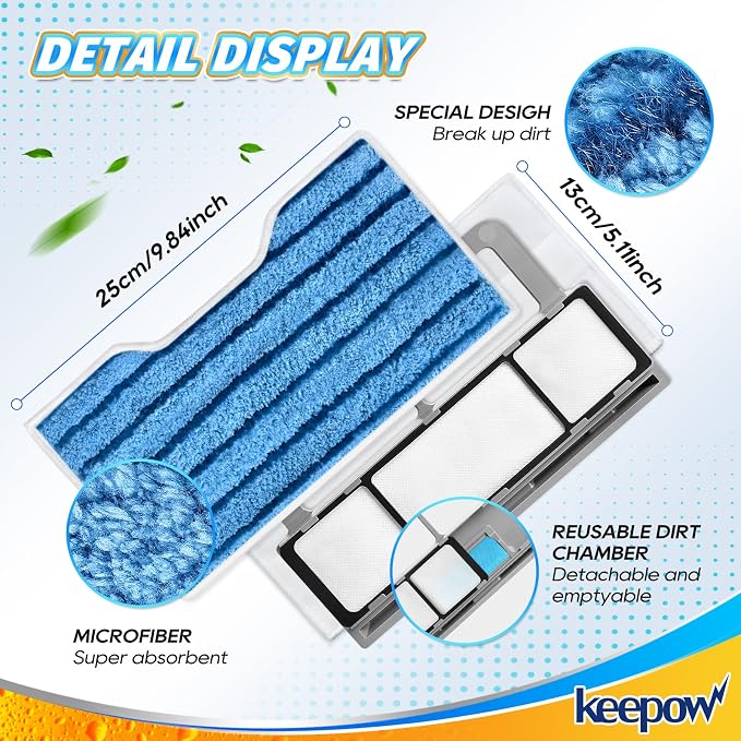 KEEPOW Reusable Replacement Pads Compatible with Shark Vac Mop VM252 VM401 | VM200 VM180 VC205 VM250 QM250 VM190, Washable Vacuum Mop Pad Refills, Upgraded Design of Dirt Chamber (1+2+2+2 Pads)