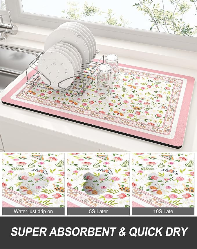 Rnivvi Dish Drying Mat for Kitchen Counter, XL 15 x 24" Cute Flower Theme Absorbent Draining Pad, Non-Slip Heat Resistant Coffee Bar Mats for Coffee Machine Station Accessories, Pink Dish Rack Pad