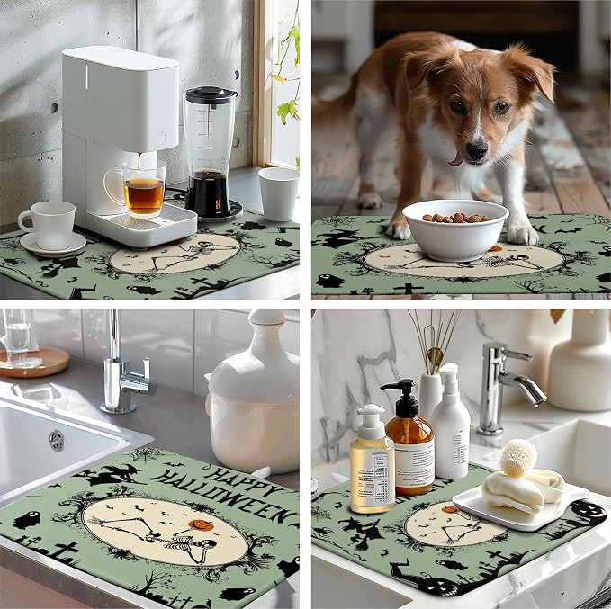 Happy Halloween Dish Drying Mat for Kitchen Counter 18x24 Skull Pumpkin Witch Spider Web Bat Ghost Drying Mats Green Black Absorbent Microfiber Dish Drainer Rack Pad for Coffee Bar