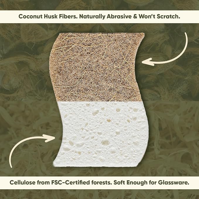 Plant-Based Kitchen Sponges (24 Pack) | USDA Biobased Certified | FSC & PETA Approved | Natural Cellulose & Coconut Scrubber Sponge | S-Shaped Design | Eco-Friendly, Non-Scratch, Non-Toxic & Vegan
