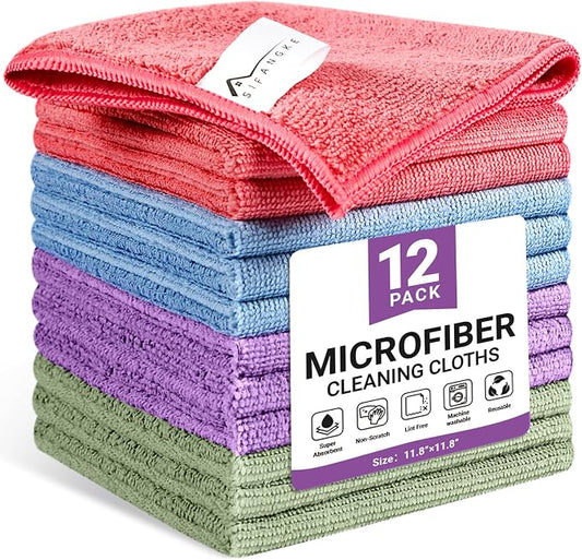 SIFANGKE Microfiber Cleaning Cloth, 12 Pack Assorted Color Cleaning Rags for Housekeeping, Colorful Reusable Microfiber Towels for Car, Kitchen, Bathroom and Household Cleaning Supplies, 11.8"X11.8"