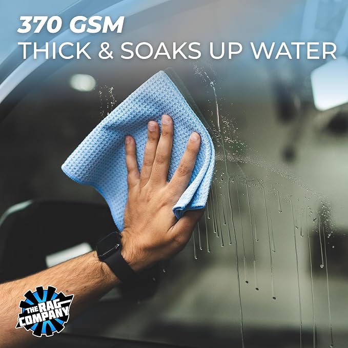 The Rag Company - Standard Waffle Weave Towels, Microfiber Detailing, Window/Glass and Drying, Wax & Polish, Lint-Free, Streak-Free, 370gsm, 16in x 16in, Light Blue (3-Pack)