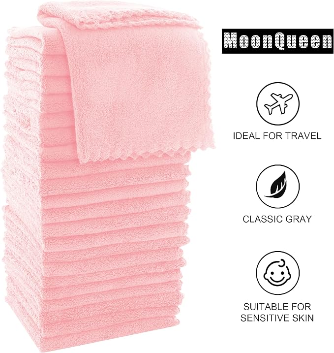 MOONQUEEN Ultra Soft Premium Washcloths Set - 12 x 12 inches - 24 Pack - Quick Drying - Highly Absorbent Coral Velvet Bathroom Wash Clothes - Use as Bath, Spa, Facial, Fingertip Towel (Pink)