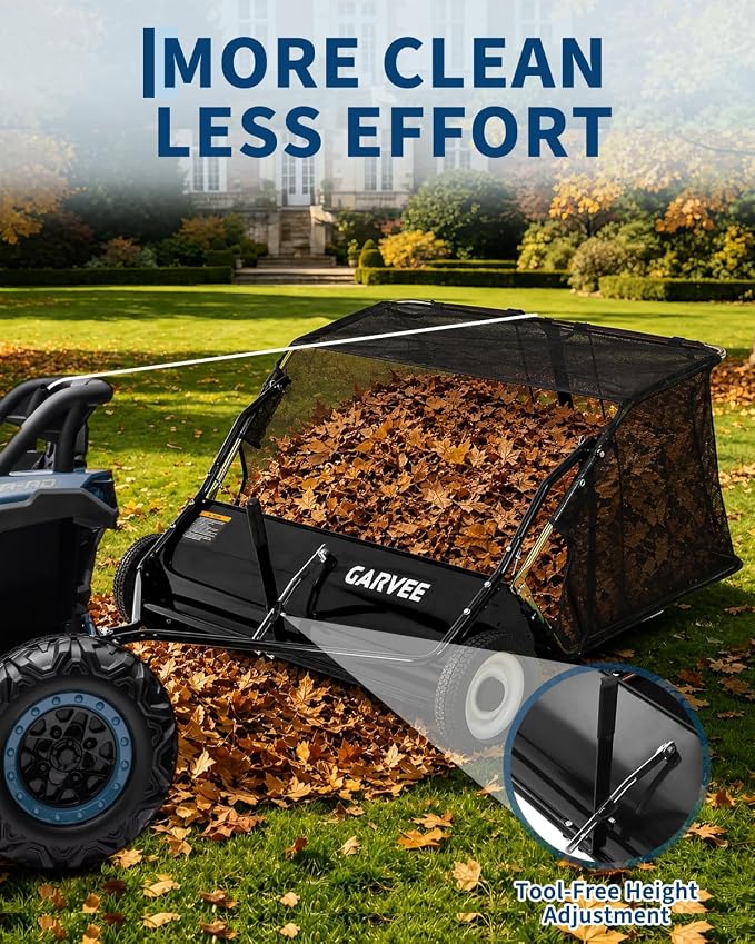 Garvee Tow Behind Lawn Sweeper 48 Inch, Heavy Duty Leaf & Grass Collector | Yard Sweeper Pull Behind,16 cu.ft. Leaf Collector,Tool-Free Adjustable Brush Height,Dumping Rope for Yard,Driveway,Sidewalk
