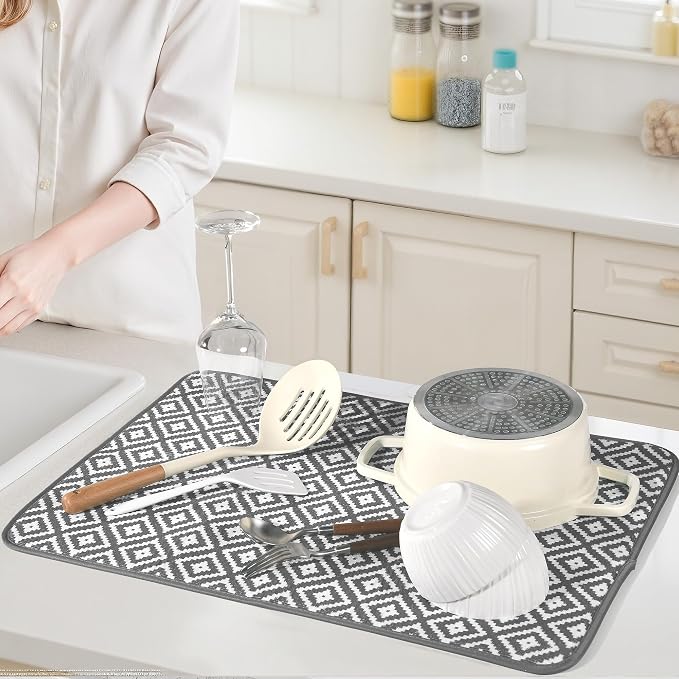 Subekyu 2 Pack Dish Drying Mat, 24*18 inch Ultra Absorbent Microfiber Dishes Drainer Mats for Kitchen Counter, Large Size Dish Drying Pad with Rhombus patterns