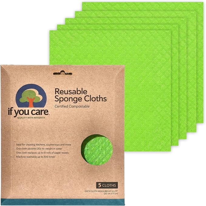 If You Care Sponge Cloths – 5 Count – 100% Natural Cleaning Rags for Kitchen, Bathroom, Home Countertop Surfaces – Absorbent, Reusable, Machine Washable, Compostable (Pack of 3)