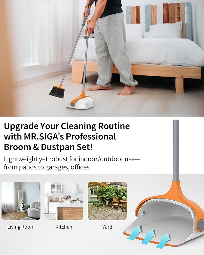 MR.SIGA Broom and Dustpan Set with Adjustable Long Handle, White & Orange | Stand upright broom with dustpan combo for home, office and garage easy sweeping and storage. 51.7"(131 cm) broom handle