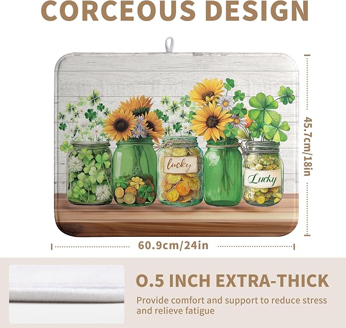 St Patricks Day Shamrock Dish Drying Mats St Patrick's Day Spring Dish Mat Sunflowers Drying Matt Dishes Dryer Pad for Kitchen Counter Absorbent Microfiber Washable Foldable Reusable 18x24 in