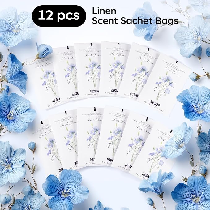 MYARO 12 Pack Fresh Linen Scented Sachets, Closet Deodorizer Car Freshener | Long-Lasting Sachet Bag, Odor Eliminator for Closet, Drawer, Bathroom, Clothes, Fabric Refresher, Home Fragrance Gift Set