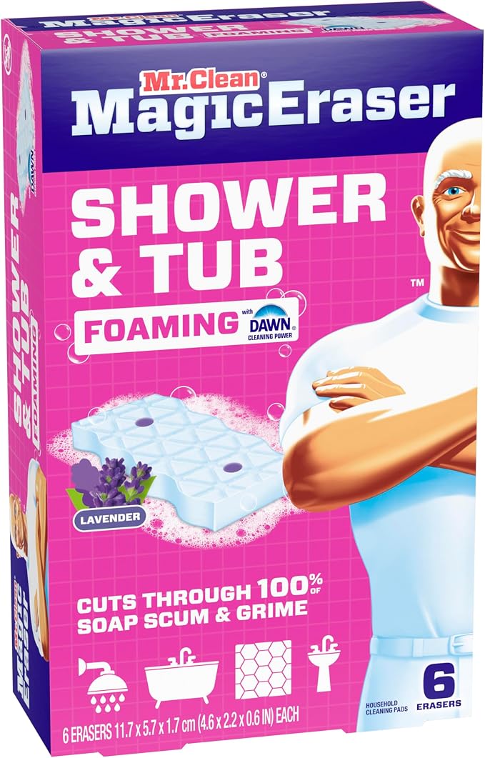 Mr. Clean Magic Eraser Sponge, Bathroom, Shower, Tub Cleaner, Soap Scum Remover, Bathroom Cleaning Supplies, Dawn Cleaning Power with Lavender Scent, Shower & Tub, 6ct