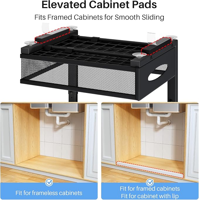 Under Sink Organizer, 2 Tier Pull Out Under Cabinet Organizer Shelf with Pad for Framed Cabinets, Metal Slide Out Under Sink Storage, Mesh Sliding Drawers for Kitchen Bathroom Laundry(Black, 1 Pack)