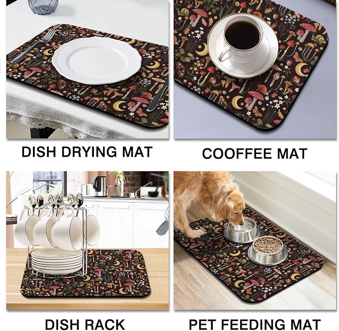 Dish Drying Mat 2-Pack with Mushroom for Kitchen Counter Absorbent Dishes | Diatom Mud Mats (18x24, 19.5x12"). Non-slip rubber back for kitchen counter, coffee bar & sink scenes