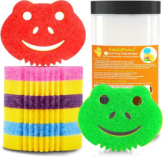 5 Pack Frog Dual-Sided Multi-Functional Scrub Sponge, Dual-Sided Temperature Controlled Kitchen Sponge for Dishes,Furniture,Scrub Sponges Household Cleaning Pads Bathroom Wall Cleaner