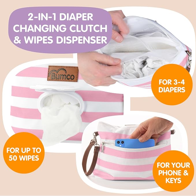 Baby Bum Brush Bumco Diaper Clutch - Portable Wipes Dispenser & Travel Essential, Airtight Refillable Wipes Container, Diaper Bag Purse
