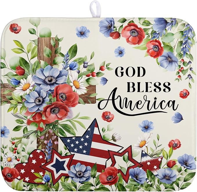 4th of July Drying Mat for Kitchen Counter Patriotic Floral Cross Stars Dish Drying Pad Independence Day Absorbent Microfiber Washable Dish Draining Mat Extra Large 16"x18"