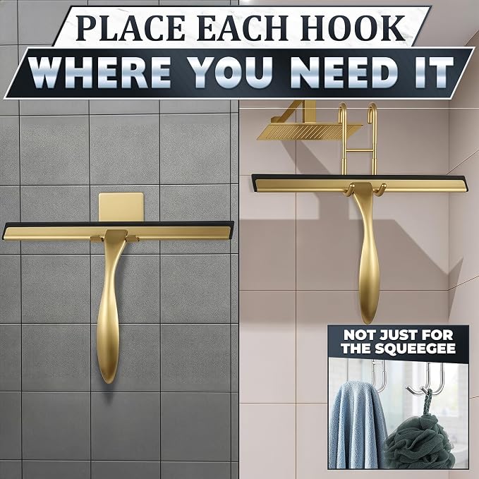 Gold Squeegee for Shower Glass, 12" Silicone Blade, Stainless Steel | Shower Door Squeegee with Hook, Adhesive Mount; All-Purpose Bathroom Tile, Mirror, & Window Wiper for Streak-Free Cleaning