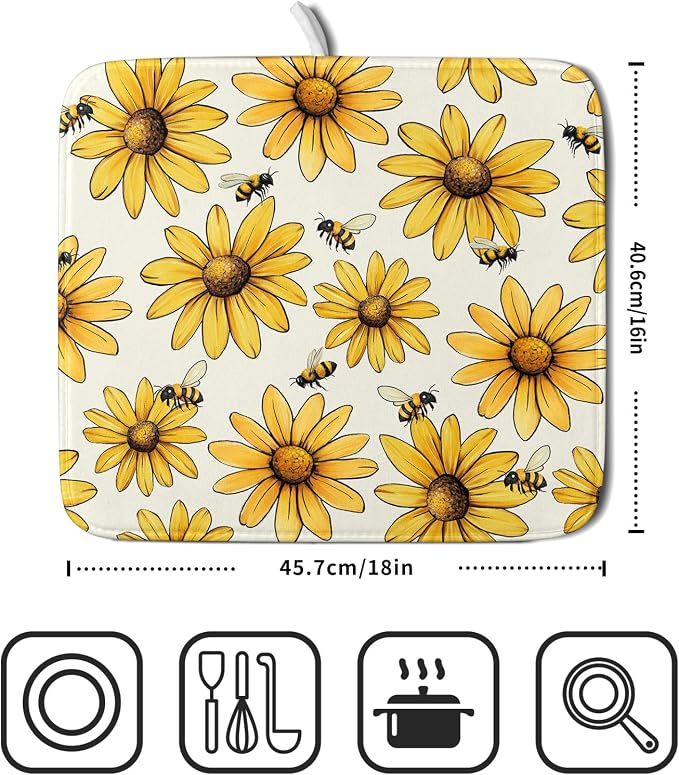 Spring Summer Sunflower Bee Dish Drying Mat 16×18 Inch | Polyester，Absorbent Microfiber，for Kitchen Coffee Dining Bar Decor