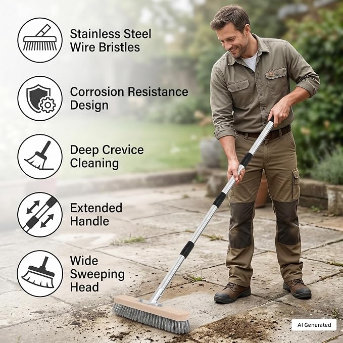 Stainless Steel Wire Scrub Brush with Long Handle, Heavy Duty Floor Scrubber Brush, Moss Remover Wire Broom for Deck, Rough Surface, Concrete Floor, Patio, Garden, Garage
