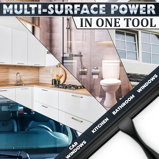 Black Squeegee for Shower Glass, 12" Silicone Blade, Stainless Steel | Shower Door Squeegee with Hook, Adhesive Mount; All-Purpose Bathroom Tile, Mirror, & Window Wiper for Streak-Free Cleaning