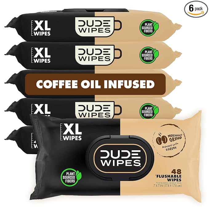 DUDE Wipes Morning Grind Flushable Wipes - Coffee Scented Extra-Large Adult Wet Wipes - 6 Pack (288 Count) - Infused with Coffee Oil, Vitamin E, and Aloe - Septic and Sewer Safe