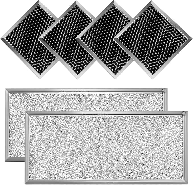 AMI PARTS W10208631A Grease Filter 13"x6" 2-Pack & 8206230A Charcoal Filter 4-Pack Compatible with Whirl-pool May-tag Aluminum Mesh & Carbon Layer Traps Grease & Absorbs Odors