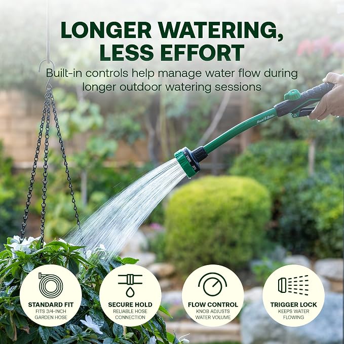 Rain Bird TRNZL8PWAND16 Watering Wand Garden Hose Nozzle, 16 Inch -Front Trigger with 8 Spray Patterns, Flow Control Knob, Trigger Lock, Non-Slip Ergonomic Grip, 3/4 Inch GHT Connection, Green & Black