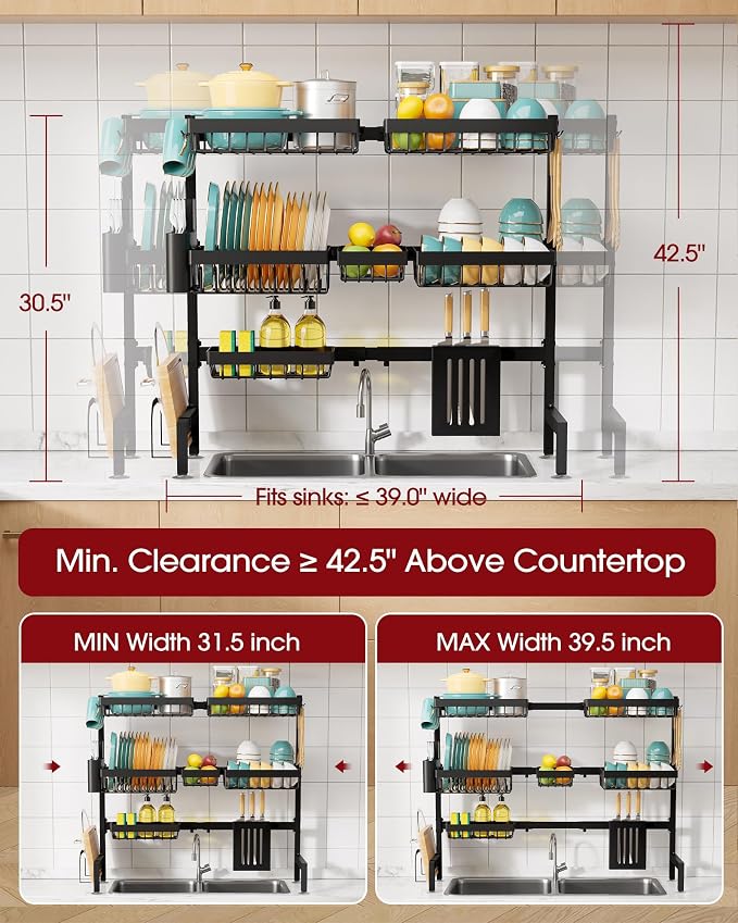 Sakugi Over The Sink Dish Drying Rack - Adjustable 3 Tier XX-Large Capacity Stainless Steel Drainer with Cutlery & Utensil Holders, Kitchen Storage & Organization, 31.5"-39.5"L x 12"W x 30.5"H, Black