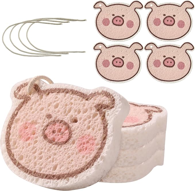 JOYMOOP Kitchen Sponge for Washing Dishes, 4 Pack Cartoon Cellulose Sponges for Cleaning, Reusable Non-Scratch Sponges for Household, Car Interior and Pet Supplies - Piggy Pattern