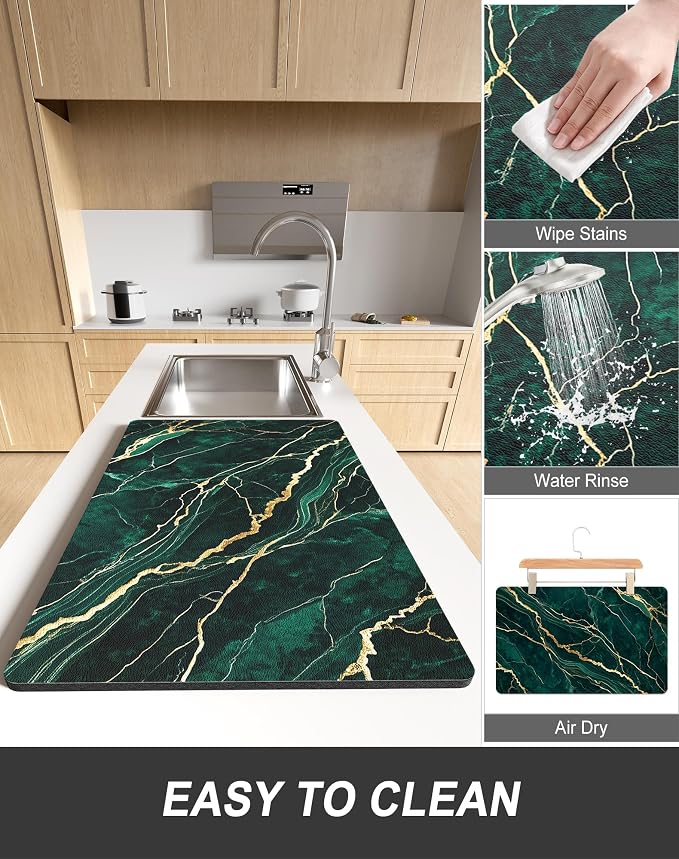 Rnivvi Dish Drying Mat for Kitchen Counter, XL 15 x 24" Cute Marble Absorbent Draining Pad, Non-Slip Heat Resistant Coffee Bar Mats for Coffee Machine Station Accessories, Green Gold Dish Rack Pad