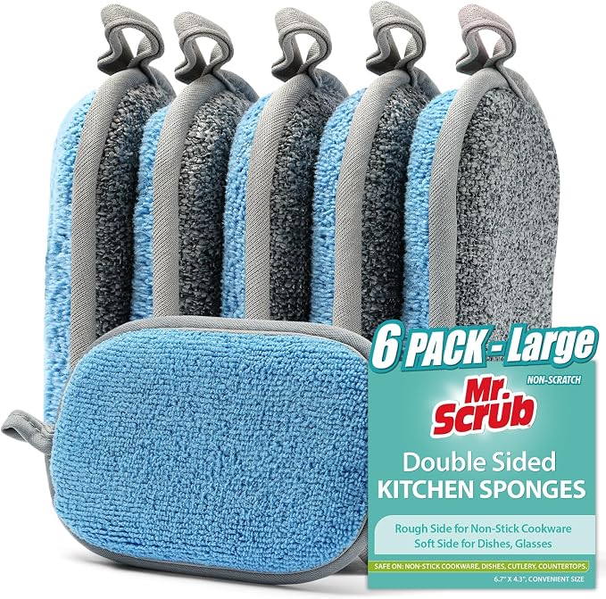 All-Purpose Sponges Kitchen, Non Scratch Dish Sponge for Washing Dishes Cleaning Kitchen, Rough Scrubbers Side for Non-Stick Cookware, Soft Microfiber Scrub Side for Dishes（6 Pack, Large）