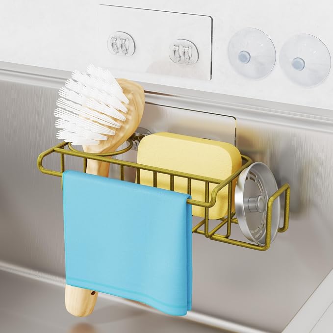 HapiRm Sponge Holder for Kitchen Sink, No Drill Kitchen Sink Caddy Organizer, Rustproof Dish Sponge Holder- Gold(8.73 * 3.54 * 2.36in)