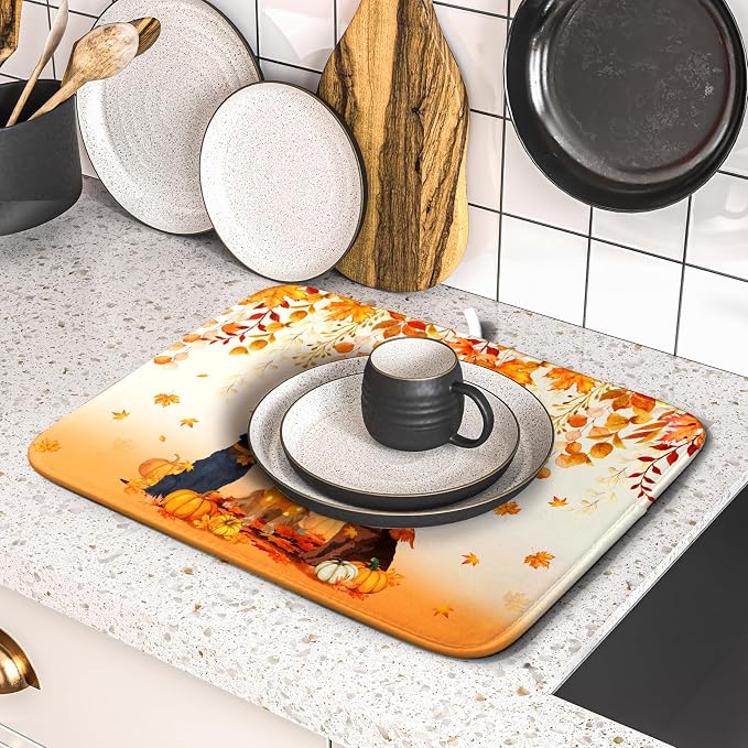 Giwawa Fall Dogs Dish Drying Mat Autumn Leaves Reusable Dishes Pad 16"x18" Holiday Microfiber Quick Dry Dish Drainer Rack Mat for Kitchen Counter