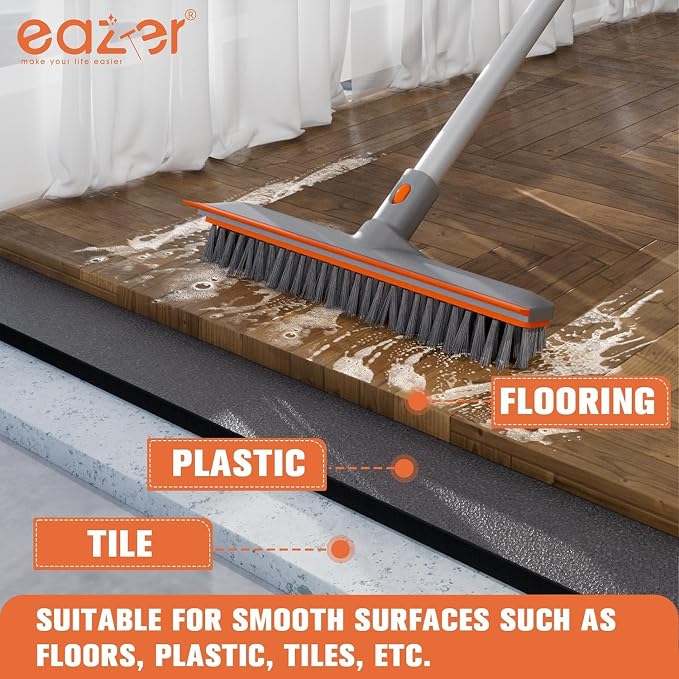 Eazer 2-in-1 Floor Scrub Brush with Long Handle, Soft/Hard Bristle Concrete Deck Brush with Squeegee, Garage Floor Cleaner for Tile/Concrete, Indoor/Outdoor Kitchen Bathroom Pool Deck -12" W/60 H