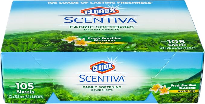 Clorox Scentiva Fabric Softener Dryer Sheets, Fresh Brazilian Blossoms Scent - Wrinkle Reducing Scented Softening Laundry Dryer Sheets for Great Smelling Clothes, 105 Count