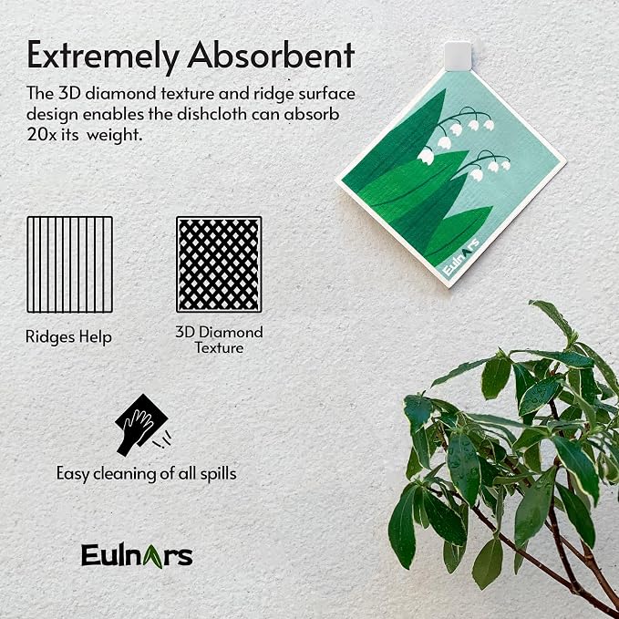 Eulnars Reusable Paper Towels, Swedish Dishcloths for Kitchen 8-Pack, Non-Scratch Swedish Dish Towels, Super Absorbent Cellulose Dish Cloths, No Odor Dish Rags