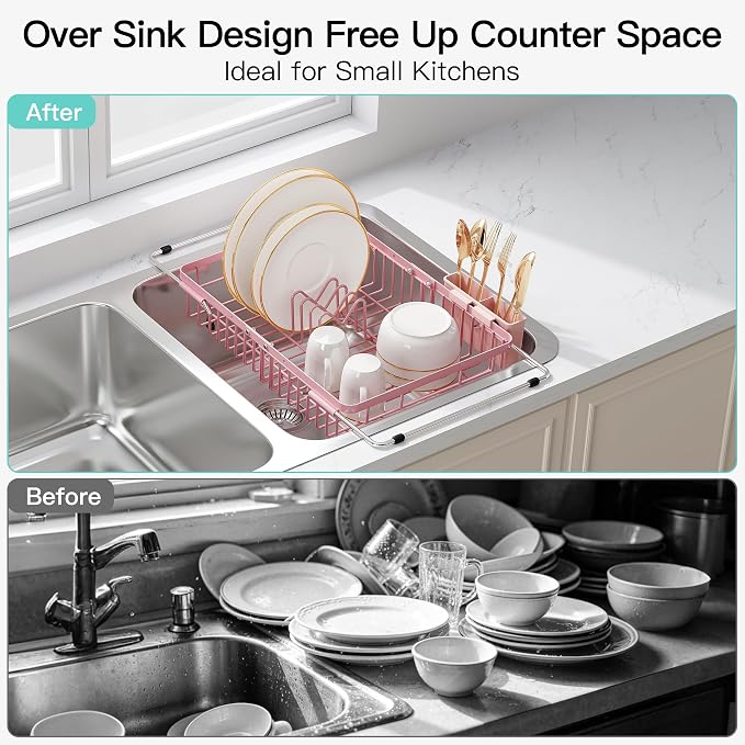 JASIWAY Expandable Stainless Steel Pink Dish Drying Rack Over The Sink for Small Kitchen, Counter Space Saving Compact Plate Drainer Strainer, Adjustable Hanging Metal Dish Dryer with Utensil Holder
