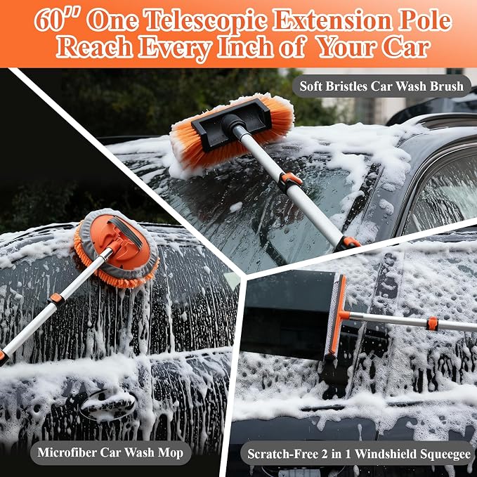 21Pcs Car Wash Kit with 60" Heavy-Duty Extension Pole, Soft Car Wash Brush, Wheel & Tire Brush, Scratch-Free Car Mop Mitt & Window Squeegee, Detailing Tool for Car Exterior & Interior Cleaning