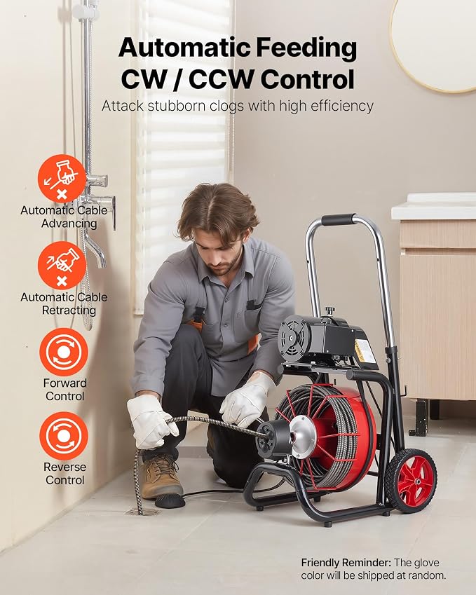 VEVOR Drain Cleaner Machine 100FT x 3/8 Inch, Auto Feed Sewer Snake Auger on Wheels, 370W Portable Drain Cleaning Machine with 8 Cutters & Air-activated Foot Switch for 2" to 4" Pipes